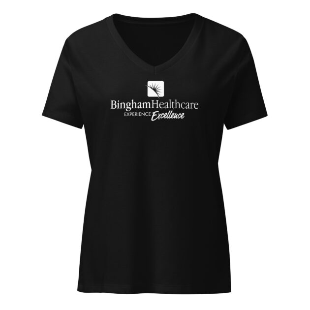 Bingham Healthcare Women’s relaxed v-neck t-shirt White Logo